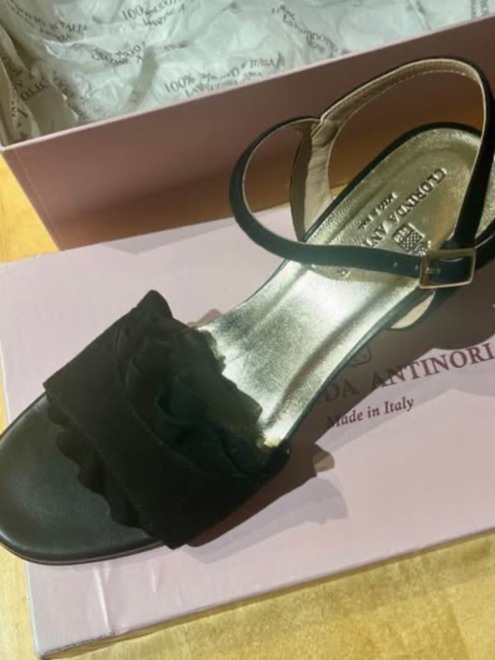 Clorinda Antinori Black Leather Ankle Strap Heels Made in Italy Open Toe Sandals
